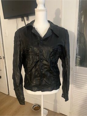 Black Leather Button-Front Jacket